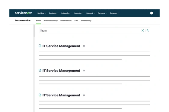 Documentation search results zooming into a preview icon, clicking it, and opening a document preview modal